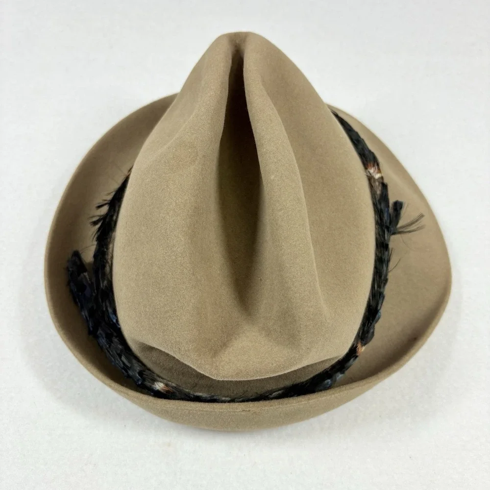 Vintage‎ Knox Jaguar Fedora Hat~ 7-1/8 Beige Feather Wrap Detail Classic